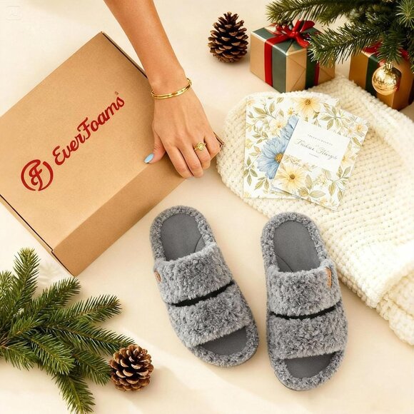⚡Women's Cool Gray Fuzzy Open Toe Slippers Soft Comfy Memory Foam House Shoes - Picture 7 of 8